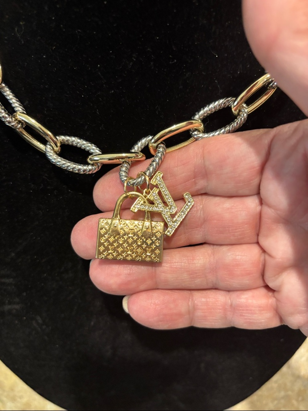 Gold & Silver Two-Tone chunky Chain Necklace with LV purse Charm - Picture 2 of 6
